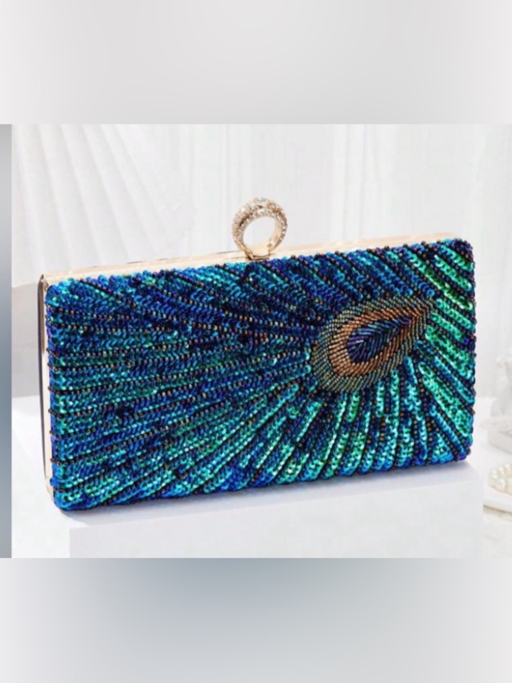 Sequin Peacock Clutch Evening Bag in Blue-Green